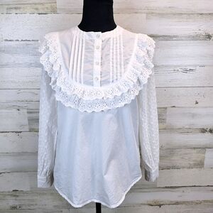 The Shirt Rochelle Behrens Womens Cotton Ruffle Embroidered Shirt Small White